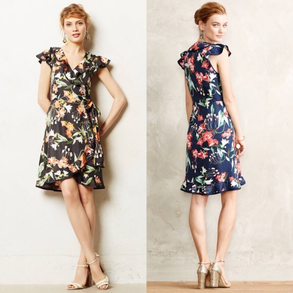 Anthro Karen Walker Hibiscus Black Wrap Dress